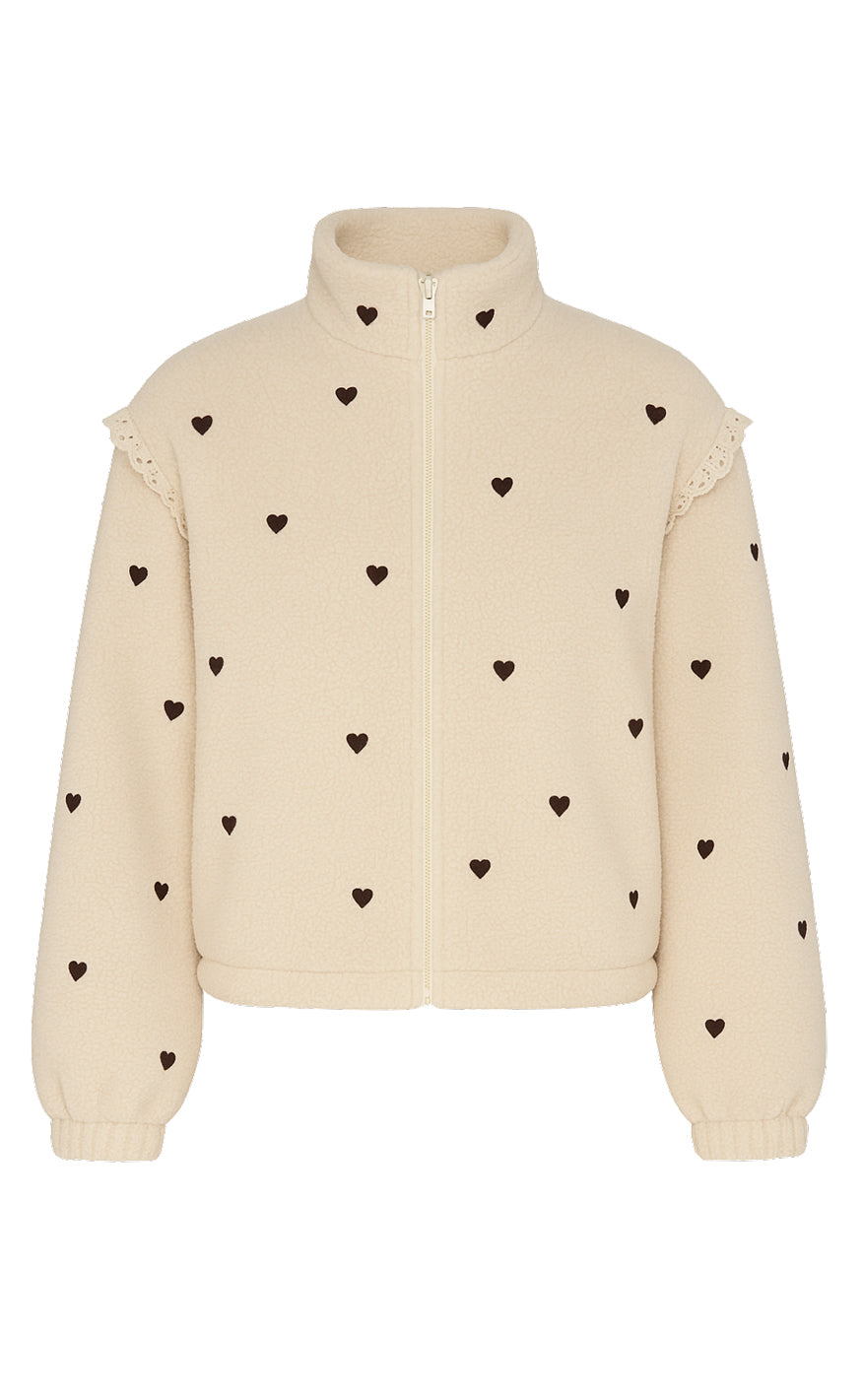 Say INA Copenhagen Fleece Jakke - Fia - Beige W. Brown Embroidery Hearts
